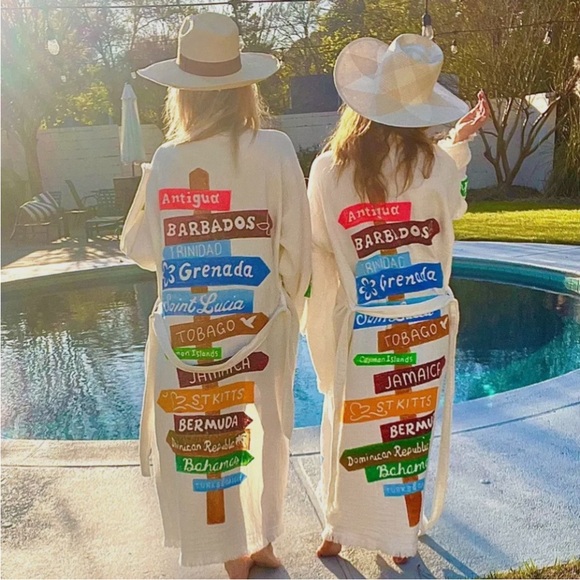 Colorful Caribbean Signpost Kimono Robe Cotton Natural Sash Belt Loops Handmade - Picture 4 of 14